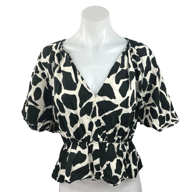 Zara Black White Animal Print V-Neck Short Sleeve Peplum Pullover Blouse Top M