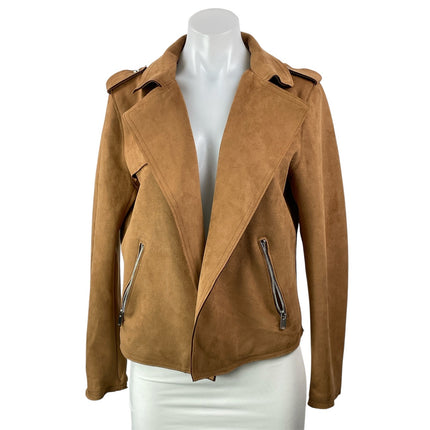 Tahari Women's Cognac Brown Faux Leather Vegan Cropped Moto Coat Jacket Size M