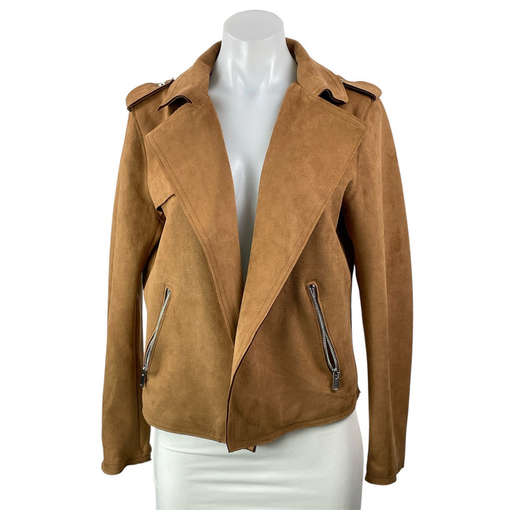 Tahari Women's Cognac Brown Faux Leather Vegan Cropped Moto Coat Jacket Size M