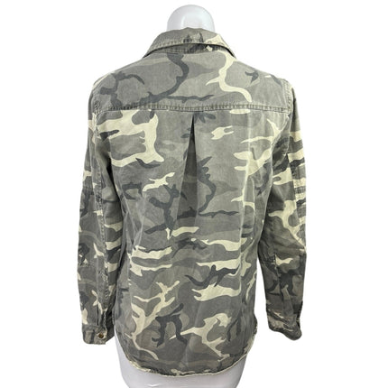 Zara Trafaluc Gray Camo Army Snap Button Patches Collar Long Sleeve Shirt Top XS