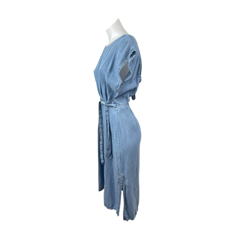 Zara Women's Blue Drop Sleeve Chambray Slit Tie Open Back A Line Midi Dress Sz M