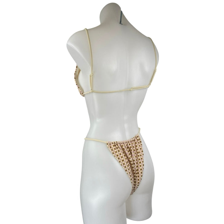 Pacsun Beige Purple Gingham Check Triangle One Piece Bikini Swimsuit Swimwear M