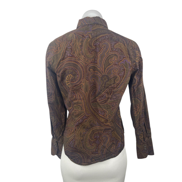 Ralph Lauren Chaps Women's Brown Paisley Long Sleeve Button Down Shirt Top Sz S