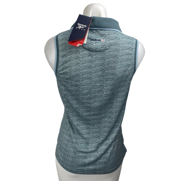 NEW Reebok Golf Blue Sleeveless Tonal Vector Jacquard Polo Shirt Top Size S