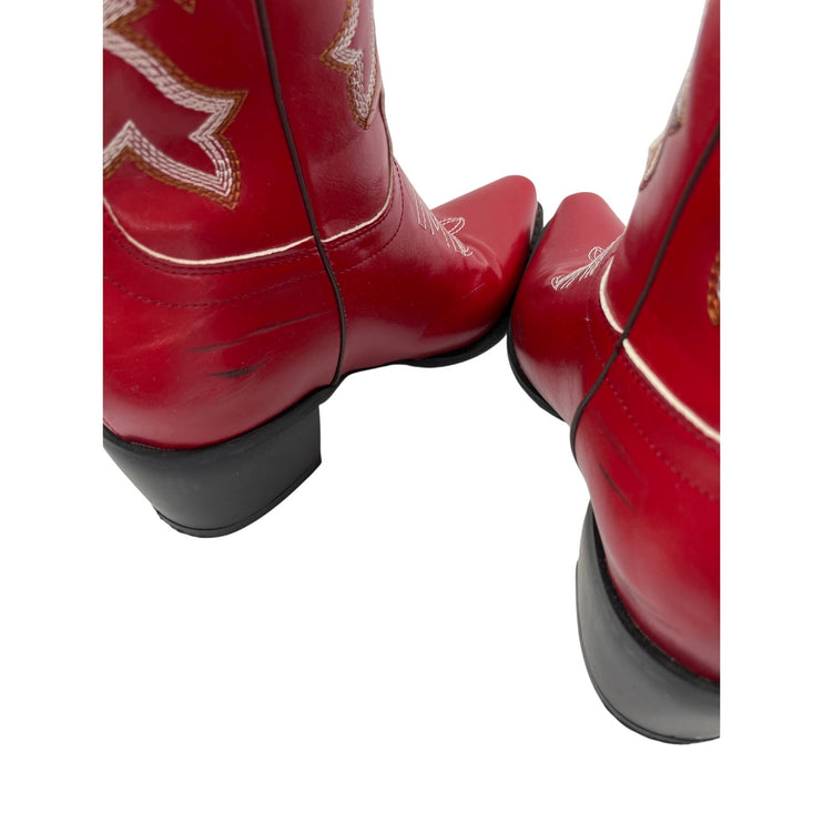 Womens Red Faux Leather Classic Embroidered Mid Calf Western Cowgirl Boots 6.5