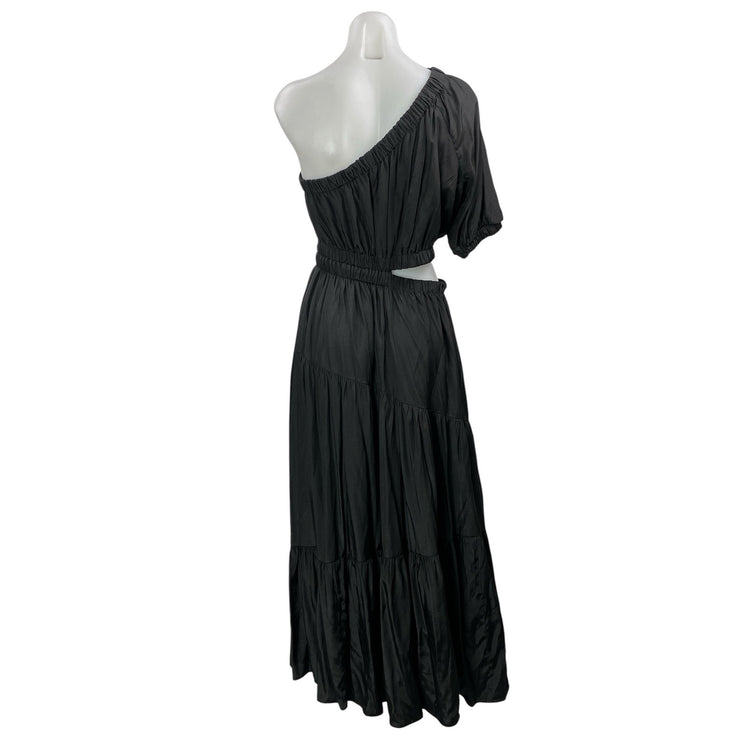 Moon River Black One Shoulder Short Sleeve Cutout Tiered A Line Maxi Dress M