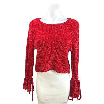 Lovers and Friends Red Ribbed Knit Long Sleeve Tie Cropped Sweater Top Size S
