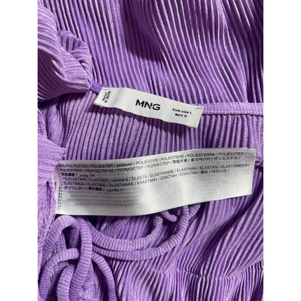 MNG Mango Purple Lilac Plisse Short Puff Sleeve Tie Knot Peplum Blouse Top Sz L
