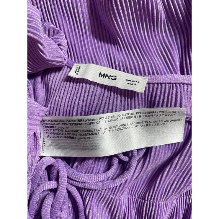MNG Mango Purple Lilac Plisse Short Puff Sleeve Tie Knot Peplum Blouse Top Sz L