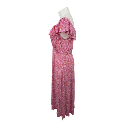 MNG Mango Pink Floral Off The Shoulder Ruffle Pleated A Line Maxi Dress Size 16