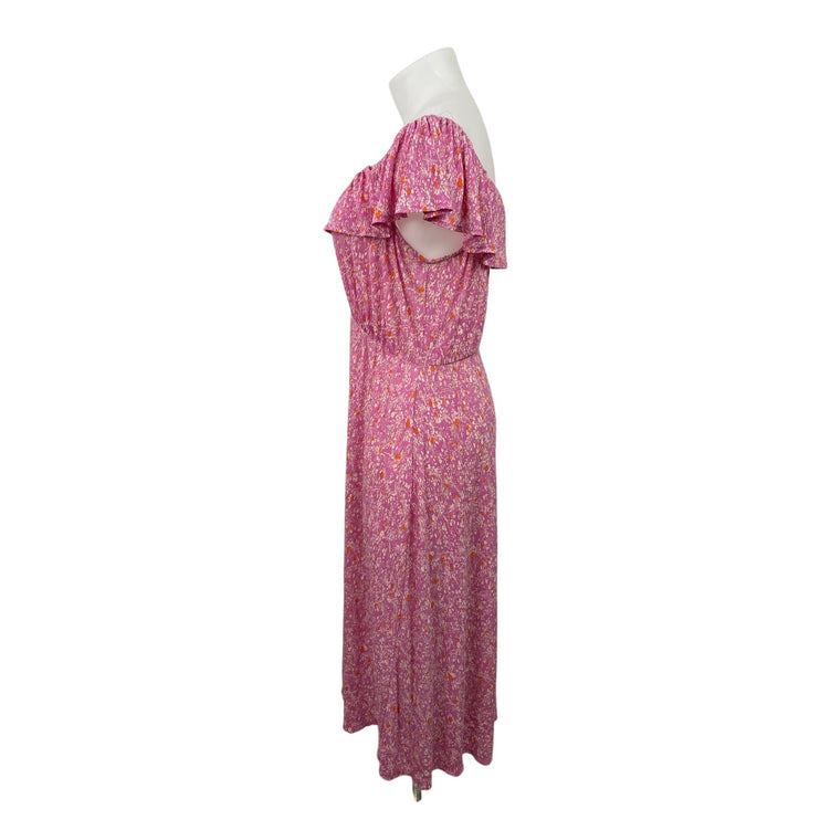 MNG Mango Pink Floral Off The Shoulder Ruffle Pleated A Line Maxi Dress Size 16