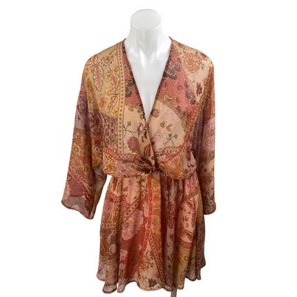 MNG Mango Coral Floral Patchwork Print Long Sleeve V Neck Mini Blouson Dress 0