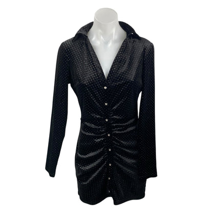 Zara Black Metallic Dot Velvet Ruched Button-Down Long Sleeve Mini Shirt Dress S