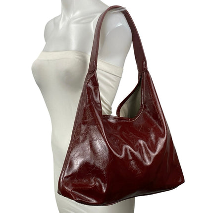 Women's Wine Red Patent Faux Leather Vegan Hobo Y2k Tote Shoulder Handbag OS