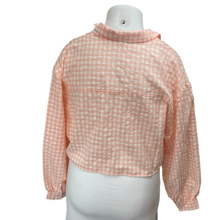 H&M Women's Orange Coral Gingham Check Long Sleeve Crop Button Down Shirt Top XL