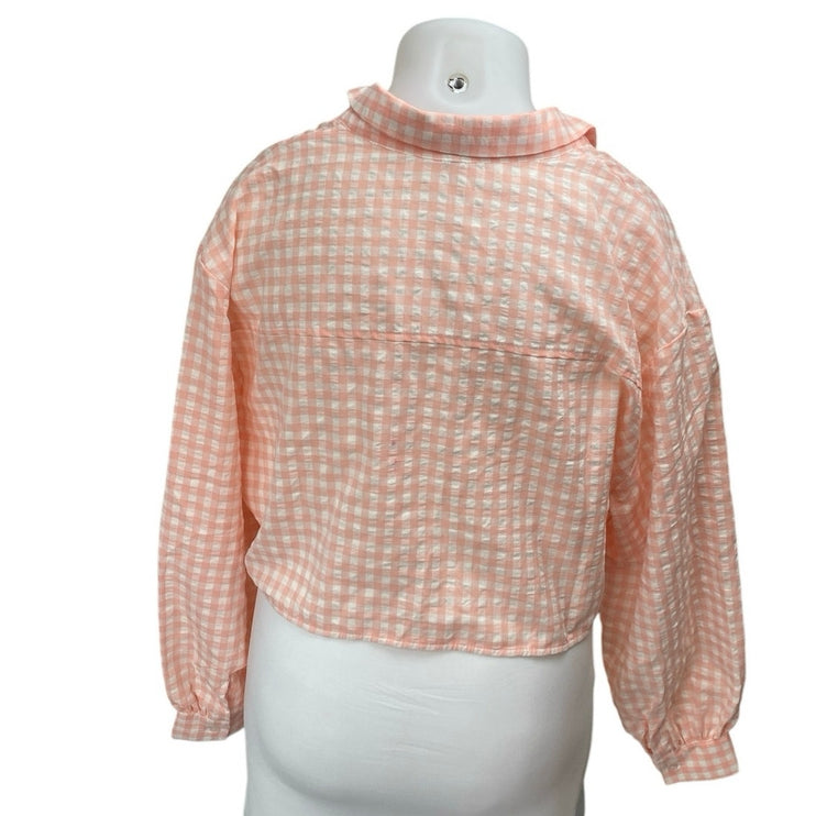 H&M Women's Orange Coral Gingham Check Long Sleeve Crop Button Down Shirt Top XL
