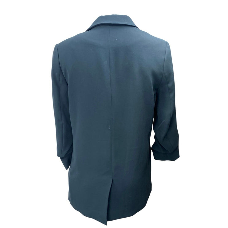 H&M Women's Blue Green Open Front Ruched 3/4 Sleeve Blazer Coat Jacket Size 6