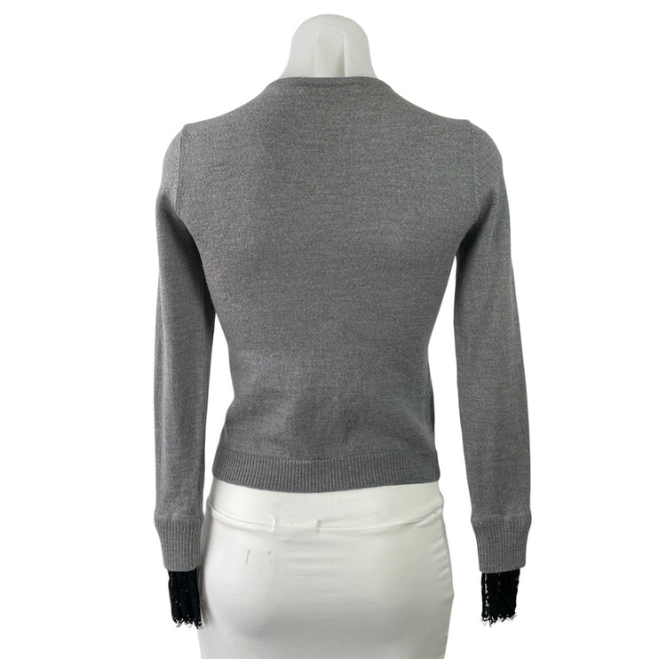 Nanette Lepore Gray Black Lace Trim Long Sleeve Button Down Cardigan Sweater XS