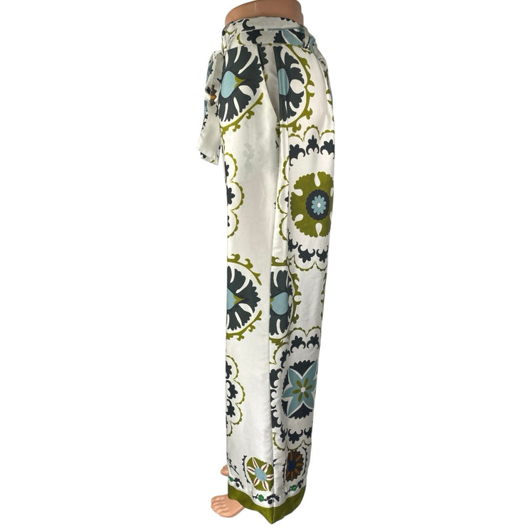 MNG Mango Multicolor Italian Floral High Rise Wide Leg Trousers Pants Size 10