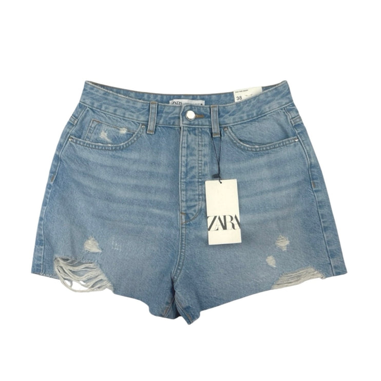 NEW Zara Blue High Rise Distressed Cut Off Raw Hem Stretch Denim Jeans Shorts 6