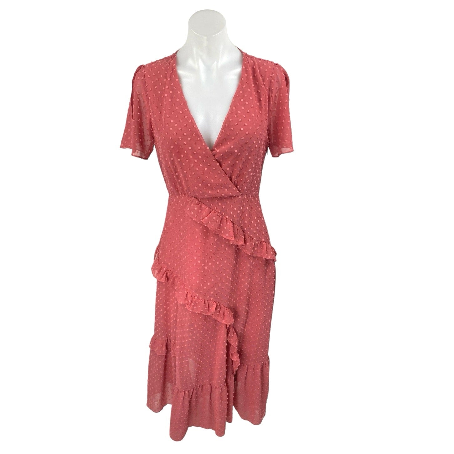 strapless open back dress Lulus Pink Short Sleeve Swiss Dot Ruffle Tiered Faux Wrap A Line Midi – Brie