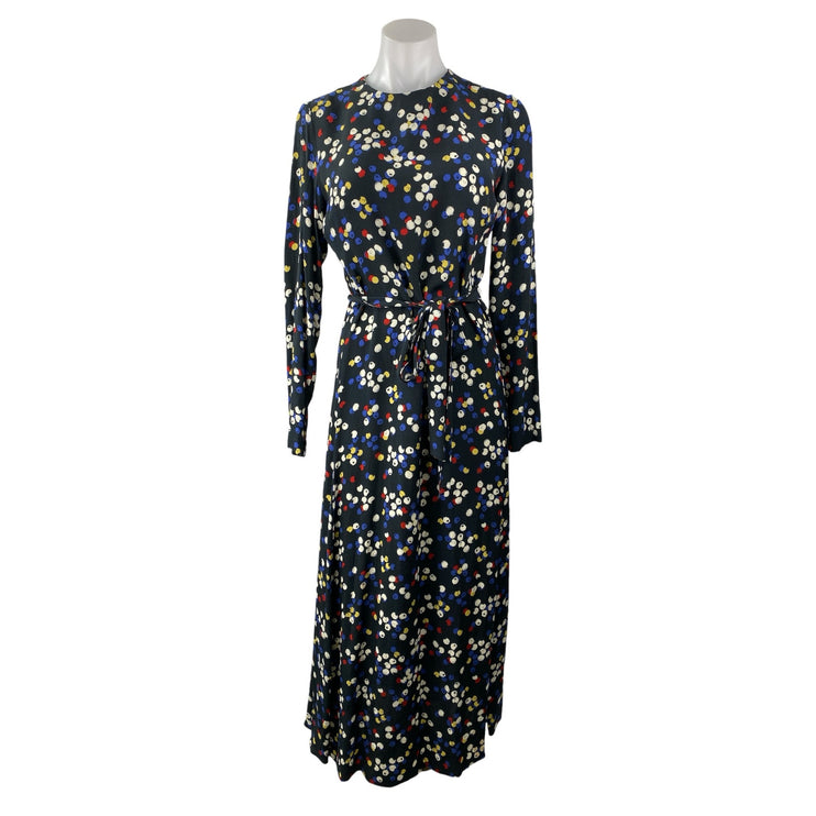 Zara Black Multicolor Dots Spotted Long Sleeve Tie Waist A Line Maxi Dress Sz S