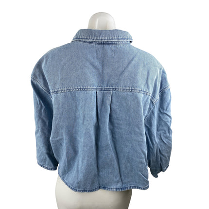 COS Blue Oversized Collared Half Sleeve Button Up Crop Denim Shirt Blouse Top 14