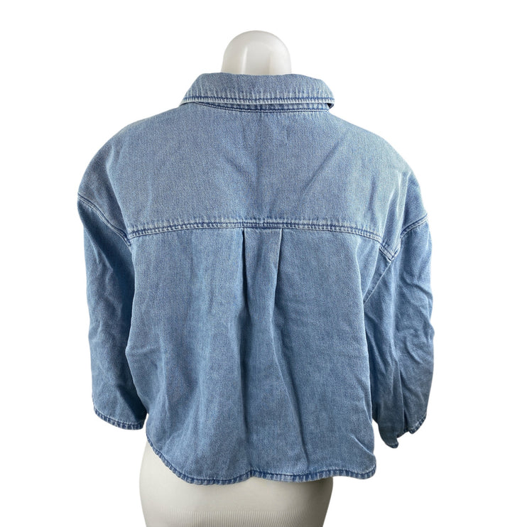 COS Blue Oversized Collared Half Sleeve Button Up Crop Denim Shirt Blouse Top 14