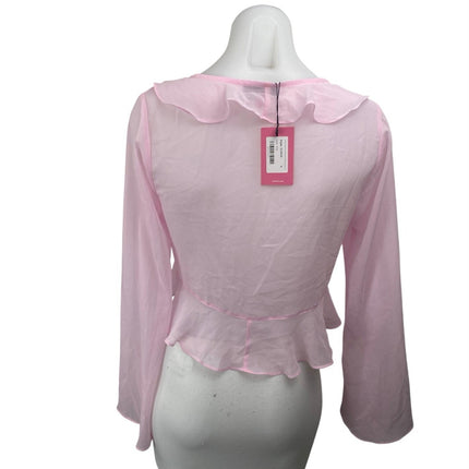 NEW Edikted Pink Ruffle Tie Front Long Sleeve Sheer Peplum Crop Coverup Top Sz S
