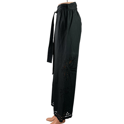 Moutaki Black Eyelet Embroidered Belted High Waist Wide Leg Trousers Pants Sz S