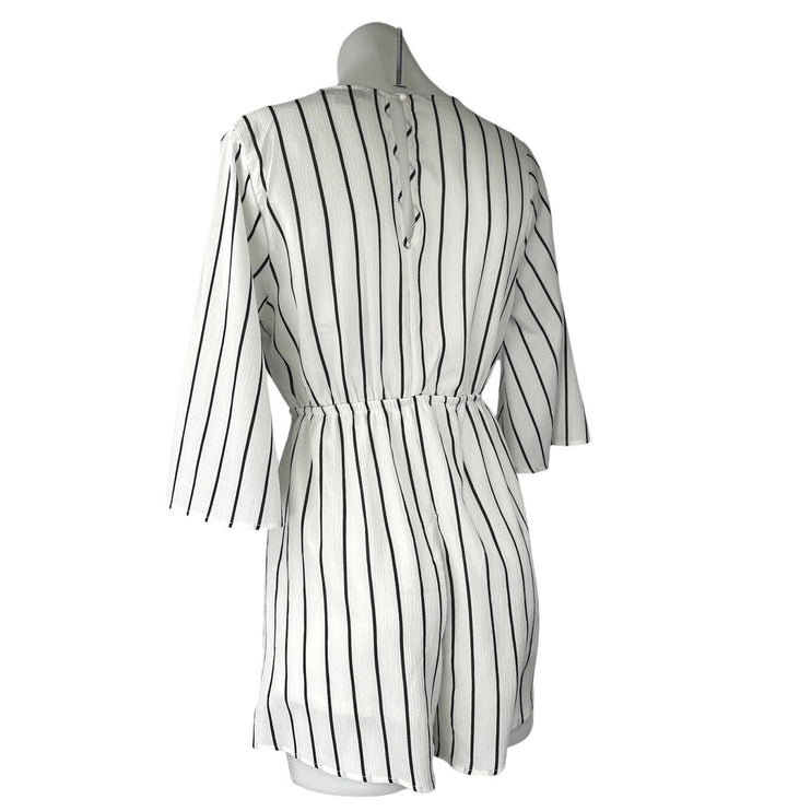 FAVLUX White Black Striped Half Bell Sleeve Deep V Neck Romper Shorts Size M