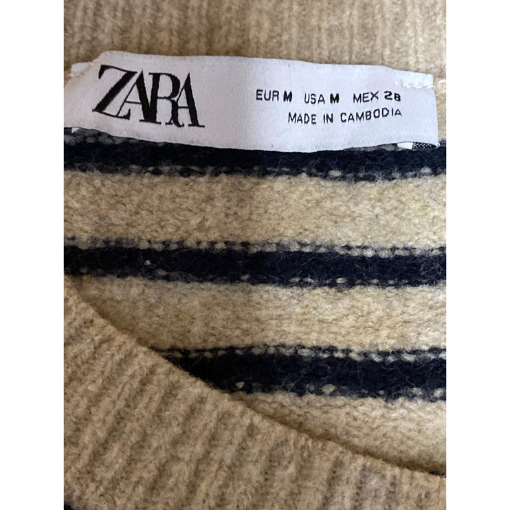 Zara Women's Beige Wool Striped Long Sleeve Button Down Cardigan Sweater Top M