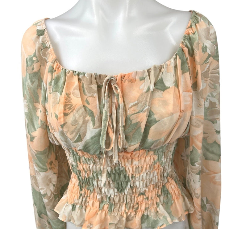 Lena Green Orange Coral Floral Long Sleeve Smocked Cropped Blouse Top Size S