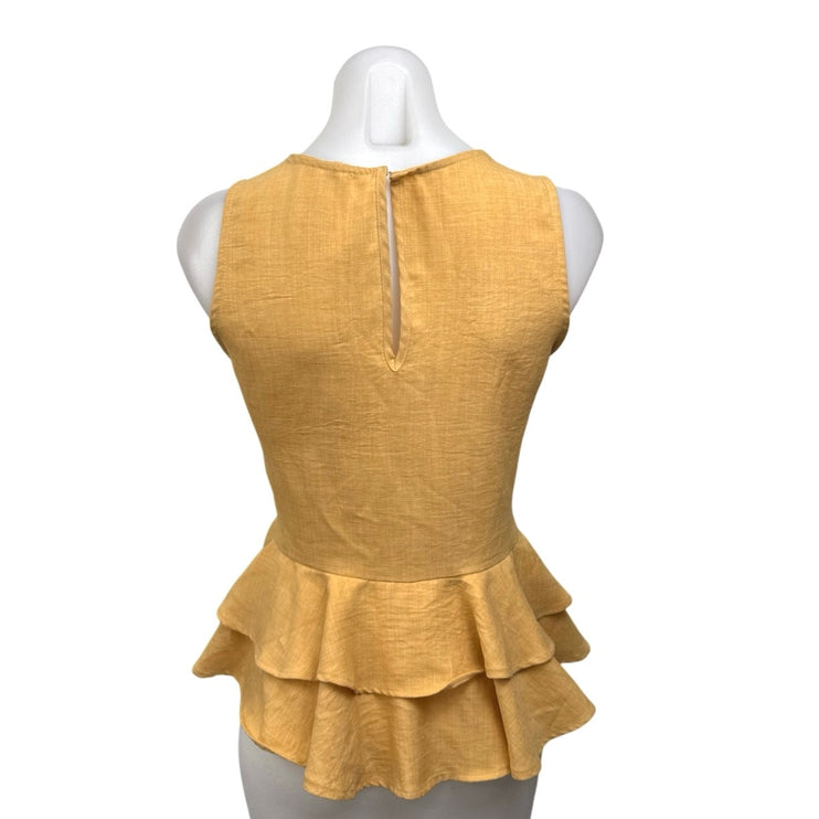 MoiRai Women's Yellow Sleeveless Layered Ruffle Casual Peplum Blouse Top Size S