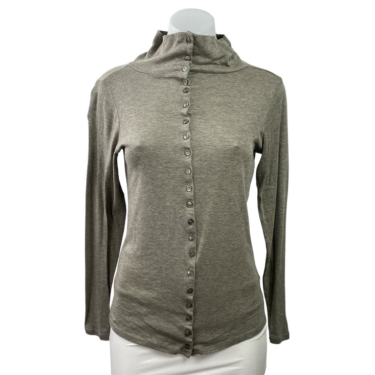 Wrap London Womens Gray Tan High Neck Long Sleeve Button Down Sweater Top Size 6