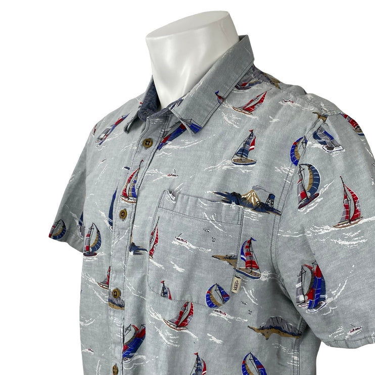 Vans Men's Gray Boat Nautical Pocket Short Sleeve Button Down Shirt Top Size L