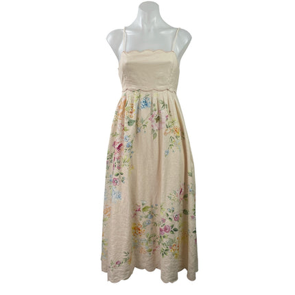 Christian Lacroix Cream Linen Floral Scallop Sleeveless Fit & Flare Midi Dress S