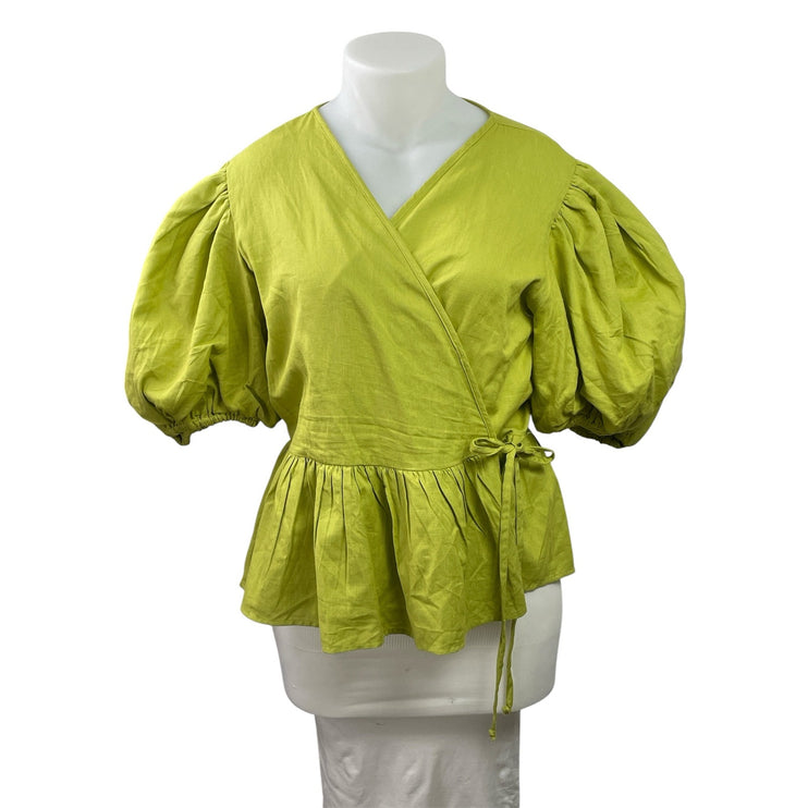 Boohoo Women's Green Short Balloon Sleeve V Neck Peplum Wrap Blouse Top Size 16
