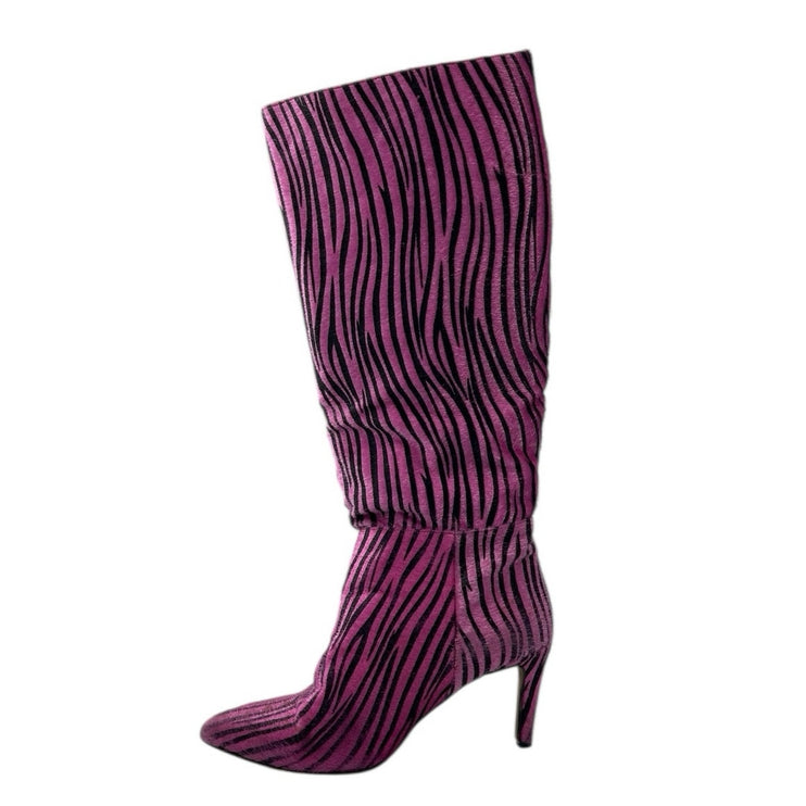 Nasty Gal Black Pink Zebra Animal Print Faux Fur Pointed Toe Knee High Boots 8