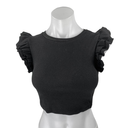 Zara Women's Black Rib Knit Ruffle Flutter Short Sleeve Crop Blouse Top Size S