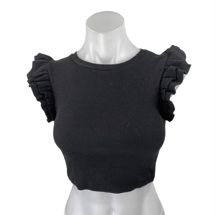Zara Women's Black Rib Knit Ruffle Flutter Short Sleeve Crop Blouse Top Size S