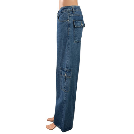 Edikted Women's Blue High Rise Baggy Wide Leg Cargo Denim Jeans Pants Size M
