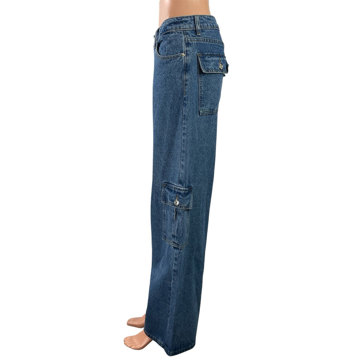 Edikted Women's Blue High Rise Baggy Wide Leg Cargo Denim Jeans Pants Size M