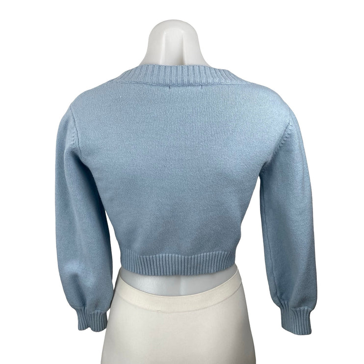 Zaful Women's Blue Cable Knit Embroidered Floral Cropped Cardigan Sweater Top OS