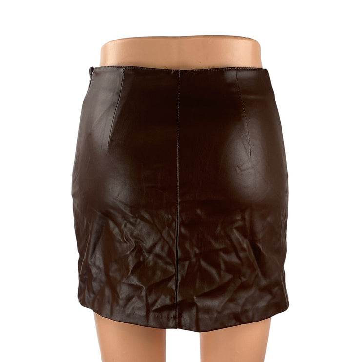 H&M Brown Faux Leather Vegan Mid Waist Y2k Zip Boho Pencil Mini Skirt Size XS