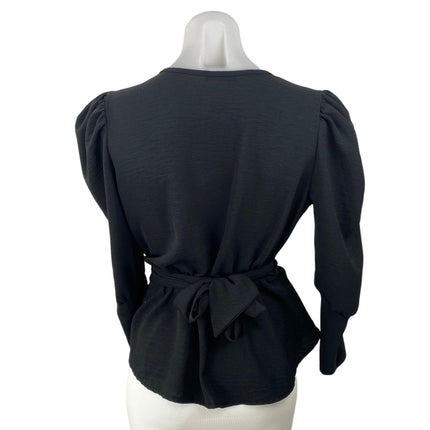 Boohoo Women's Black Long Puff Sleeve V Neck Faux Wrap Peplum Blouse Top Size S