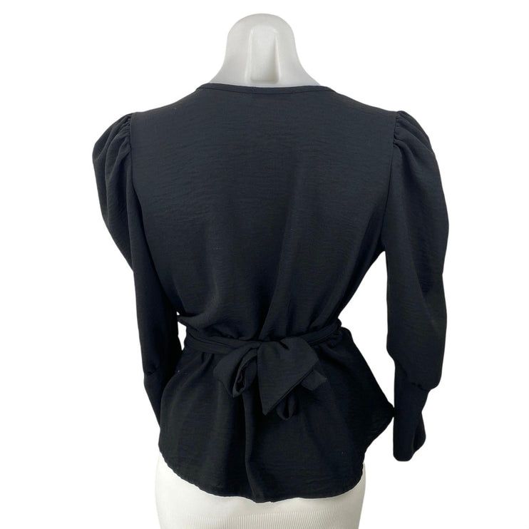 Boohoo Women's Black Long Puff Sleeve V Neck Faux Wrap Peplum Blouse Top Size S