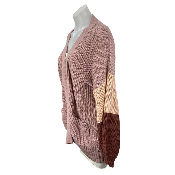 Sienna Sky Pink Ribbed Knit Colorblock Pocket Open Cardigan Sweater Top Size M