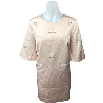 Keepsake Pink Silk Satin Embellished Beaded Short Sleeve Mini Shift Dress Size M