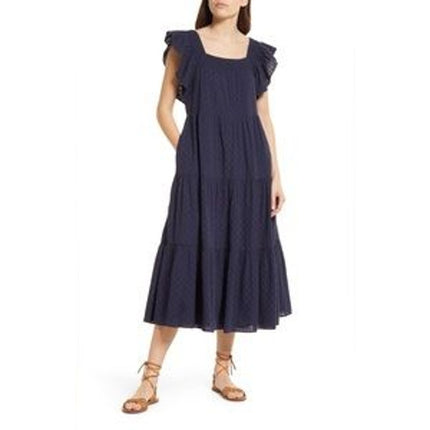 Madewell Navy Blue Ruffle Flutter Sleeve Smocked Tiered A Line Midi Dress Size S